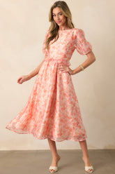 Tale As Old As Time Light Orange Floral Midi Dress